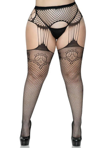 Black industrial fishnet stockings with lace net tops, solid toe and attached fishnet garterbelt, shown on model