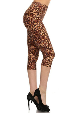 leopard print stretch knit high-waist capri length leggings, shown side view on model