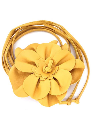 6" yellow color faux leather flower belt with 2 59" faux leather ties for fastening