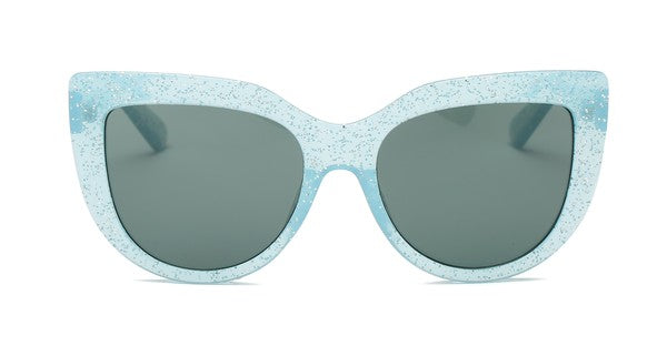 Thick glitter infused translucent light blue plastic frame cat eye sunglasses with smoke lens