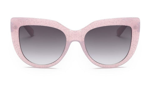 Thick glitter infused translucent pink plastic frame cat eye sunglasses with gradient smoke lens