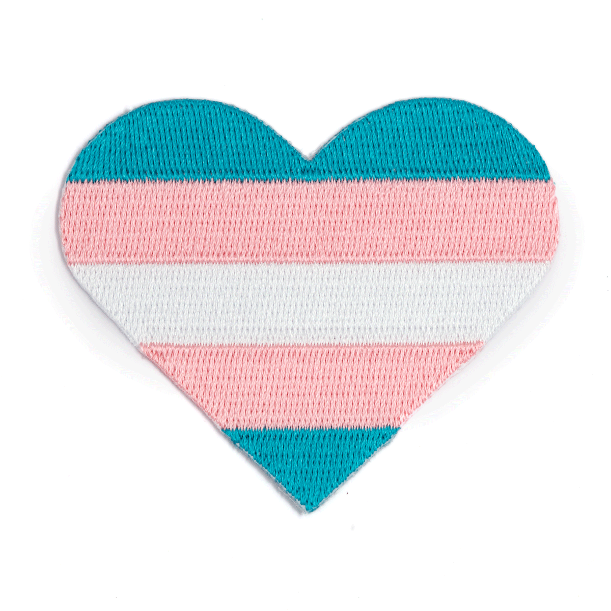 Trans Pride light blue, pink, and white stripes heart-shaped embroidered patch