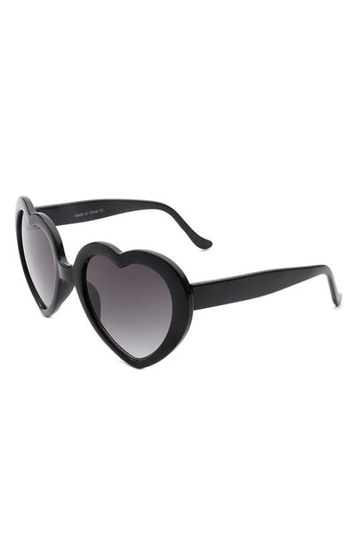Black plastic frame heart-shaped sunglasses with gradient smoke lenses, shown 3/4 view