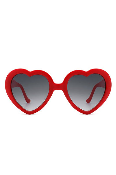 Red plastic frame heart-shaped sunglasses with gradient smoke lenses