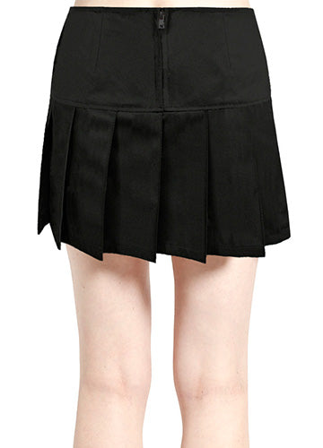 black twill pleated mini skirt, shown back view waist down on model
