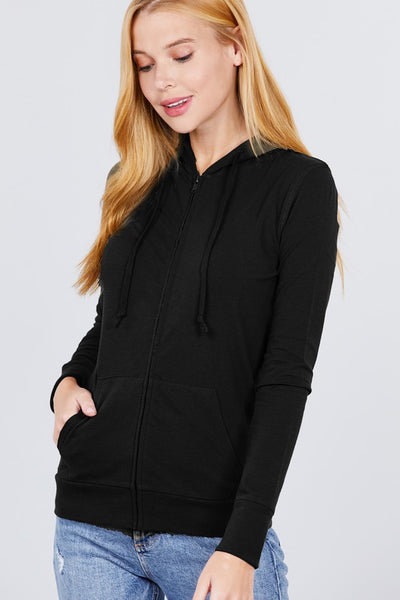 black cotton jersey zip-up drawstring hoodie with kangaroo pocket, shown on model