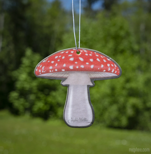 white and red heavy cardtock toadstool mushroom shaped air freshener