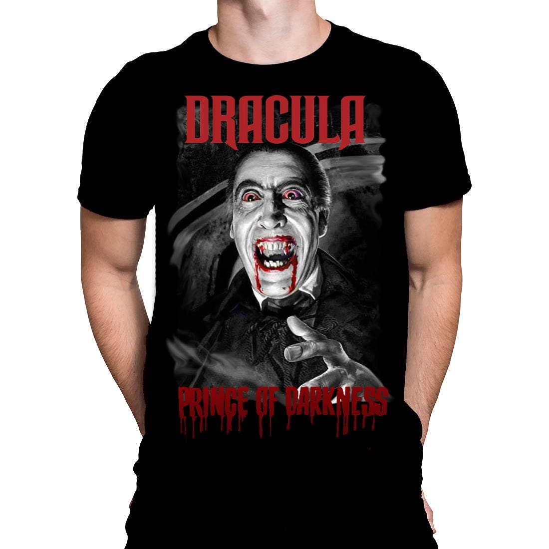 Visceral image of Christopher Lee as the vampire Count in the 1966 Hammer Film "Dracula: Prince of Darkness" in white, grey, black, and red on black t-shirt, shown on model