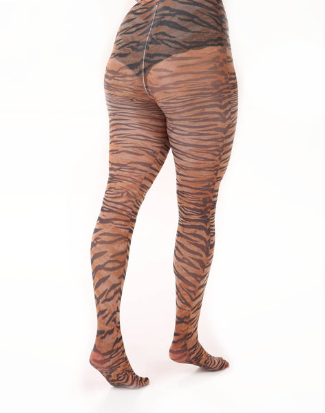  black and orange tiger print opaque tights, shown on model