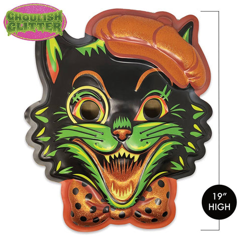 Ghoulsville black, green, and glitter-y orange "Pumpkin Puss" in a cap vacu-form plastic wall decor mask