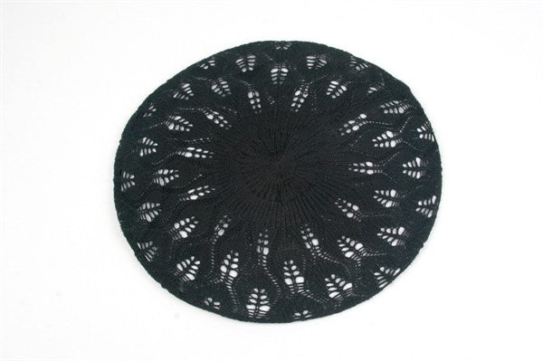 11" diameter black beret in a lightweight openwork knit design
