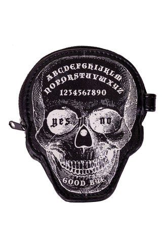 black skull shaped zipper closure coin purse with white printed ouija board details