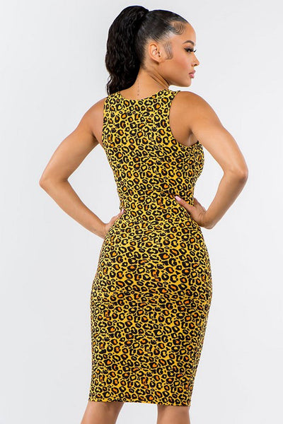 stretchy brushed fiber knit mustard yellow and orange leopard print knee length tank dress, shown back view on model