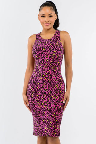 stretchy brushed fiber knit deep pink and yellow leopard print knee length tank dress, shown on model