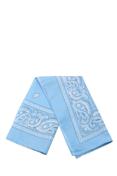 100% Cotton 20" square classic bandana in light blue with white paisley print