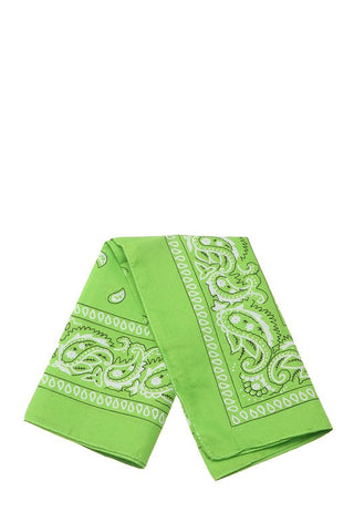 100% Polyester 21" square classic bandana in bright lime green with white paisley print