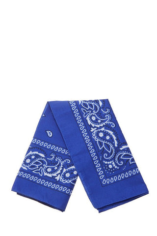 100% Cotton 20" square classic bandana in royal blue with white paisley print