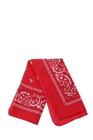 100% Polyester 21” square classic bandana in red with white paisley print
