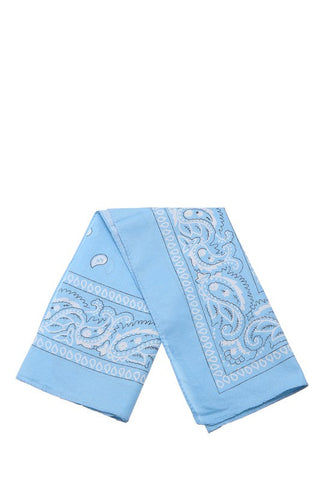 100% Polyester 21" square classic bandana in light blue with white paisley print