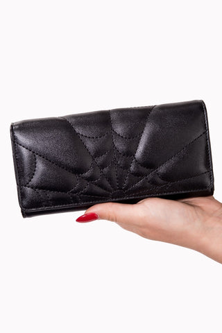 "Malice" black faux leather with spiderweb-stitched front wallet 