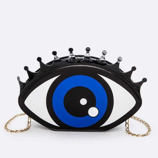 blue irised eye shaped vinyl purse with shiny black vinyl top lashes and zipper closure