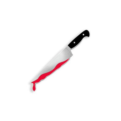 black and red enameled shiny silver metal chef knife with blood drip lapel pin