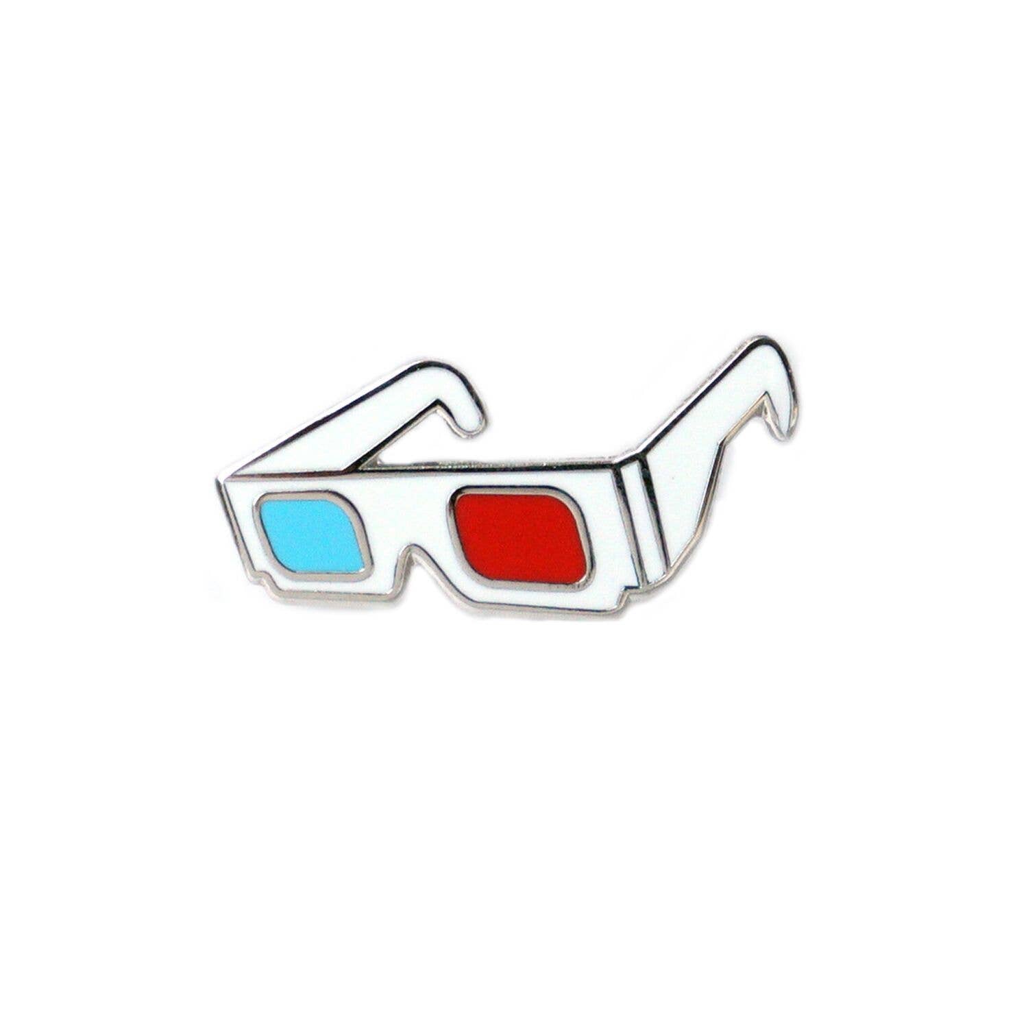 white, blue, and red enameled silver metal 3D glasses lapel pin