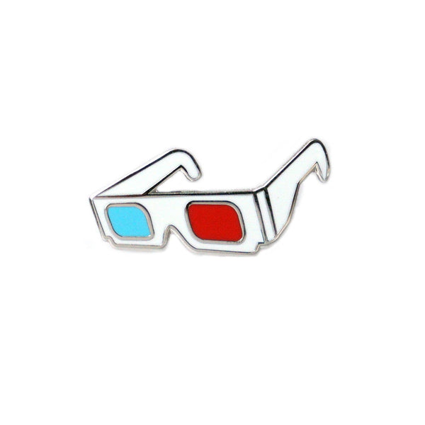 white, blue, and red enameled silver metal 3D glasses lapel pin