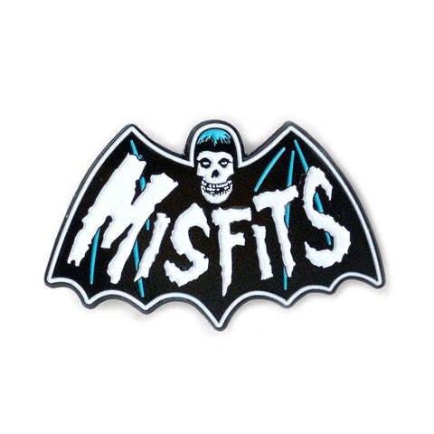 white and blue enameled black metal Misfits Bat Fiend logo lapel pin