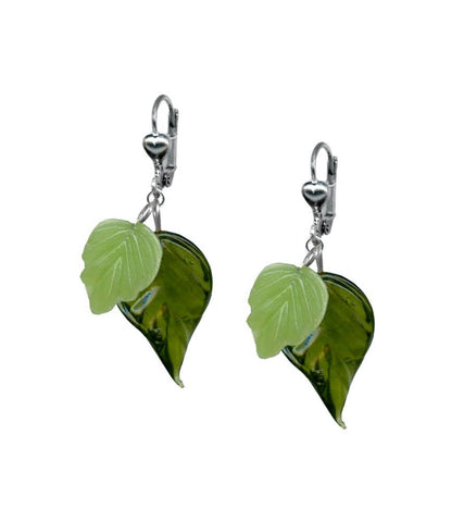 pale and bottle green glass leaf duo dangle earrings with silver plated metal lever back hooks