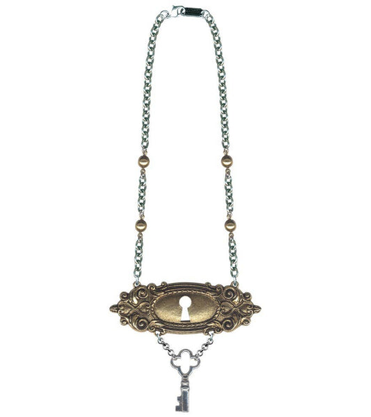 Ornate brass keyhole pendant and dangling silver plated metal key drop on sturdy link silver metal chain with brass bead accents