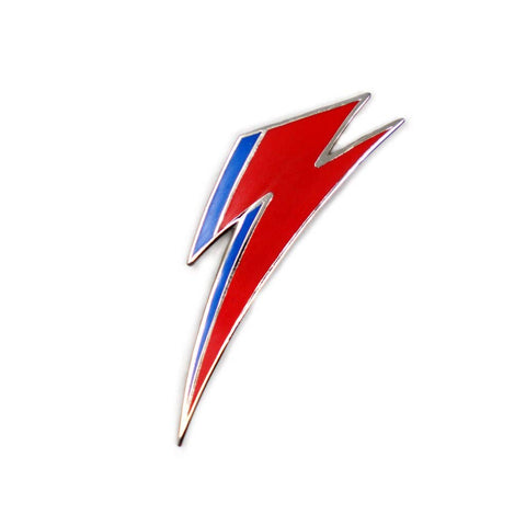 red and blue enameled silver metal David Bowie Aladdin Sane lightning bolt logo lapel pin