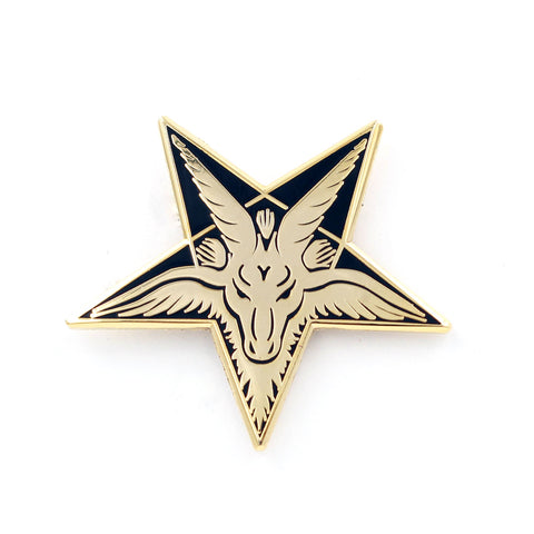 black enameled gold clutch back pin depicting the head of Baphomet