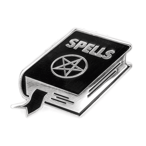 Book of Spells black enameled silver metal clutch back pin