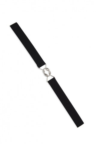 A black one inch wide elastic waist belt with interlocking silver buckles