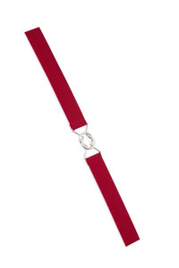 A red one inch wide elastic waist belt with interlocking silver buckles