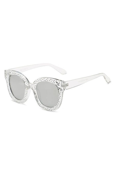 clear plastic frame sunglasses with silver star pattern and mirrored smoke lens