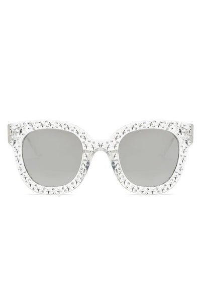 clear plastic frame sunglasses with silver star pattern and mirrored smoke lens