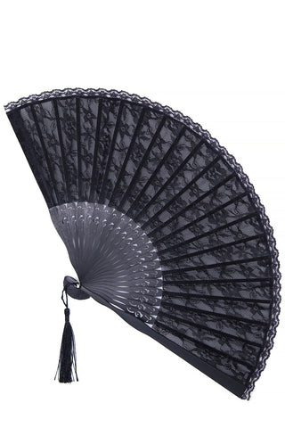 black lace on sheer black fabric folding fan with decorative cut-out black bamboo wood ribs and attached black tassel 