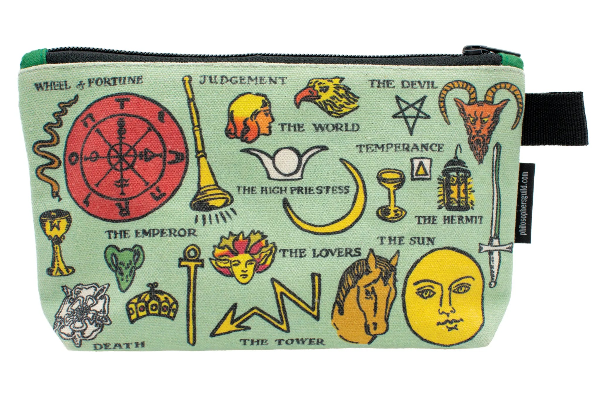 A light teal canvas pouch with zipper that is printed with colorful images from the Rider Waite tarot deck