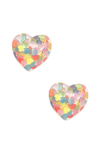 pair multi-color pastel heart shaped metallic confetti encased in clear acrylic heart-shaped post earrings