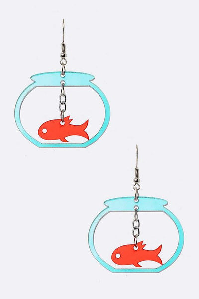 pair blue laser-cut acrylic fishbowl with suspended orange goldfish dangle earrings