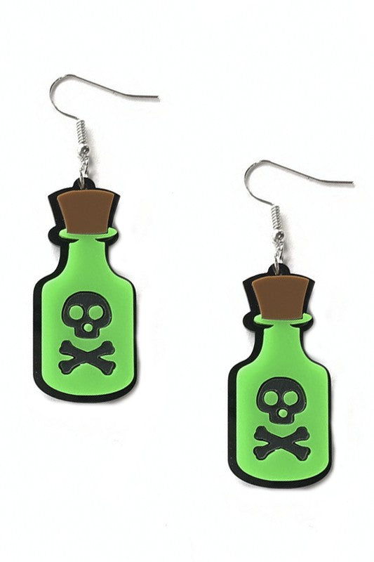 Bright green cork stoppered skull & crossed bones labeled Poison Bottle dangle earrings in layered laser-cut acrylic