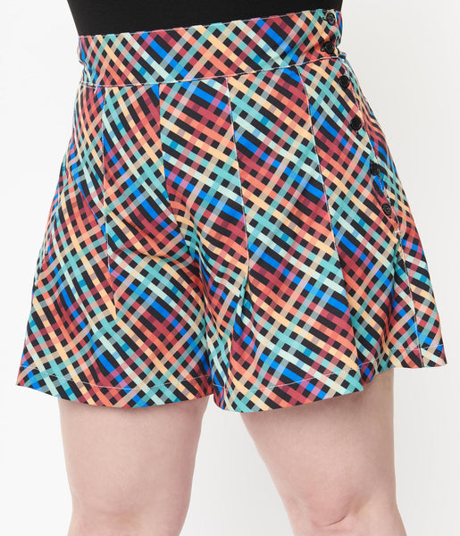 rainbow madras plaid high-waist flared silhouette shorts with button-up side closure, shown on model