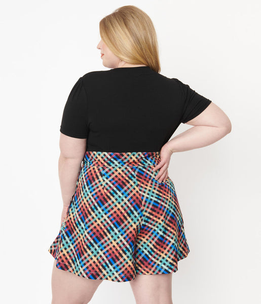 rainbow madras plaid high-waist flared silhouette shorts with button-up side closure, shown back view on model