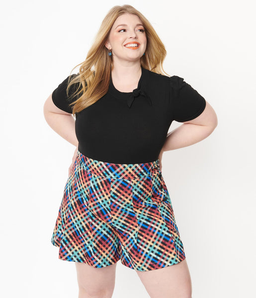 rainbow madras plaid high-waist flared silhouette shorts with button-up side closure, shown on model