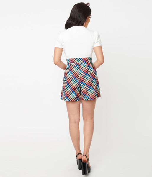 rainbow madras plaid high-waist flared silhouette shorts with button-up side closure, shown back view on model
