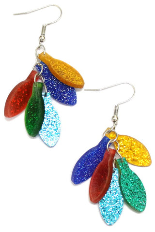 pair glittery laser cut acrylic earrings consisting of clusters of green, red, yellow, and light & dark blue glitter lightbulb shapes