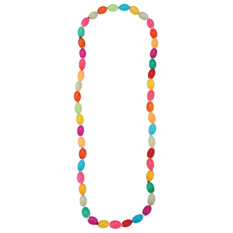 A long single strand necklace of neon colored glass beads resembling jellybeans