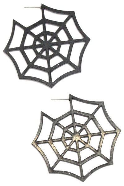 pair shiny black laser-cut acrylic spiderweb "hoop" earrings